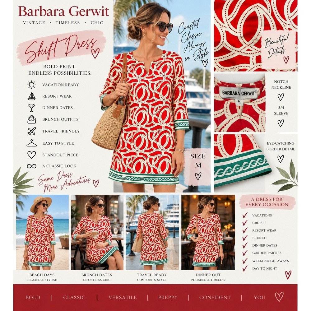 Barbara Gerwit Red White Geometric Tunic Dress Green Trim Size M Preppy Coastal